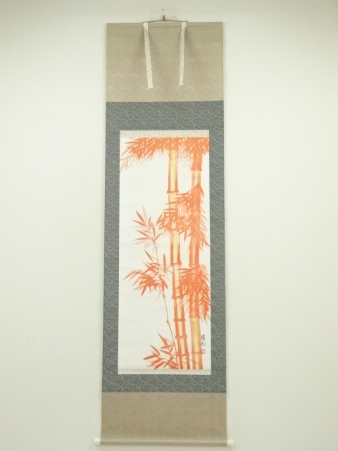 JAPANESE WALL HANGING SCROLL / HAND PAINTED / RED BAMBOO / ARTIST WORK